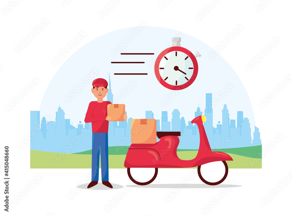 Canvas Prints courier worker with chronometer and motorcycle delivery service icons