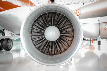 Detail from a airplane engine in a maintenance hangar