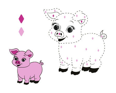 coloring book by numbers, for kids, little pink pig, vector illustration in cartoon style, isolated line art