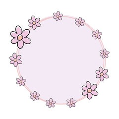 Round frame with beautiful flowers. Pink flowers for the holiday on March 8. International Women's Day. Place for the text on the greeting card.