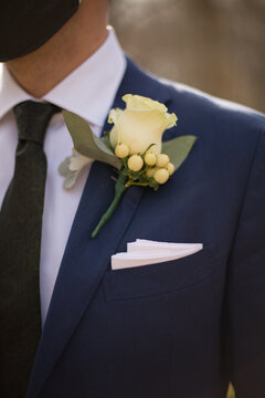 Groom Blue Suit Jacket Beard with White Rose Boutonniere Fall Wedding Photography 