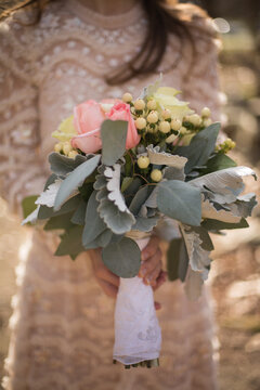 Wedding Photography Bride Holding a Bridal Bouquet with White and Pink Roses and Dusty Miller