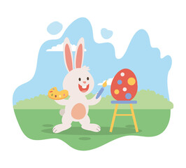 Fototapeta premium cute little bunny easter painting egg with brush