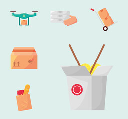 chinese food with bundle of five delivery service set icons