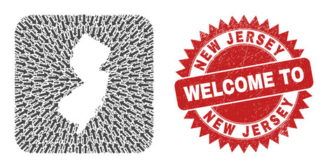 Vector collage New Jersey State map of pointer arrows and scratched Welcome seal. Collage geographic New Jersey State map constructed as stencil from rounded square shape with movement arrows. - 415050423