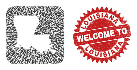 Vector mosaic Louisiana State map of pointer arrows and scratched Welcome stamp. Mosaic geographic Louisiana State map constructed as carved shape from rounded square shape with straight arrows.