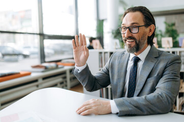 Smiling senior adult male employee in stylish suit at online meeting, communicate with colleagues. Successful bearded businessman sitting at the desk, remotely working