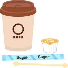 紙コップ入りのドリンクとミルクと砂糖