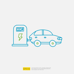 electric car doodle icon at charging station. sign symbol vehicle concept. eco green friendly transportation on white background vector illustration