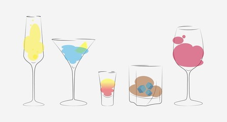 Illustration card sticker advertisind banner background set of different glasses champagne whiskey shot of alcohol cocktatile martini red wine