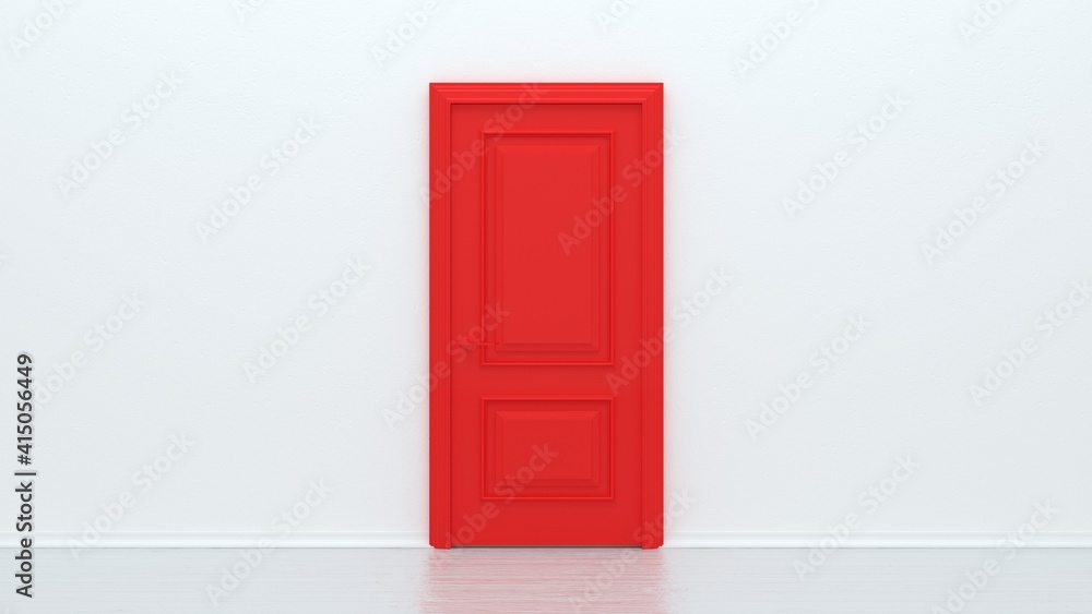 Poster red closed door on white background. frame on white wall in the empty room. interior design element.