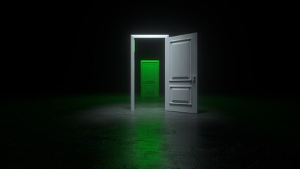 An open white and green door to a dark room with bright light. A light shines over a doorway in a dark room. Abstract dark concrete interior. Fills the space with bright white light. 3D rendering