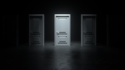 Closed white doors in a dark room with bright light stand in a row. Light shines from door opening in dark room. Abstract dark concrete interior. Fills the space with bright white light. 3D render