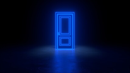 Cyberpunk blue neon door background concept. 3d rendering