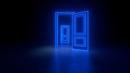 Abstract open door to universe. Cyberpunk neon door background concept. Blue neon. Abstract neon shapes hologram led laser door. Glowing neon frame. Modern 3d graphic concept. 3D rendering