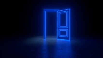 Blue neon door. 3d render