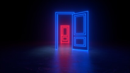 Abstract open door to universe. Cyberpunk neon door background concept. Blue and red neon. Abstract neon shapes hologram led laser door. Glowing neon frame. Modern 3d graphic concept. 3D rendering