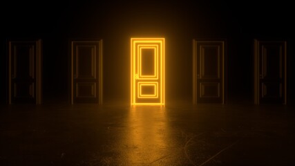 Abstract closed doors to universe. Cyberpunk neon door background concept. Orange neon. Abstract neon shapes hologram led laser door. Glowing neon frame. Modern 3d graphic concept. 3D rendering