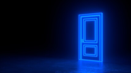 Abstract open door to universe. Cyberpunk neon door background concept. Blue neon. Abstract neon shapes hologram led laser door. Glowing neon frame. Modern 3d graphic concept. 3D rendering