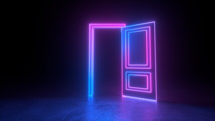 Abstract open door to universe. Cyberpunk neon door background concept. Pink violet neon. Abstract neon shapes hologram led laser door. Glowing neon frame. Modern 3d graphic concept. 3D rendering