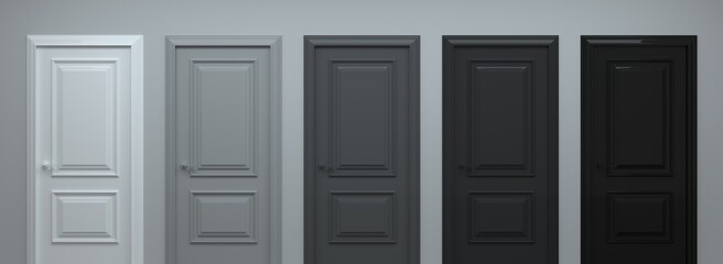 Five closed doors. Doors in gradient colors of white, gray and black. The concept of multiple choice, different paths, identity. Set of entrance doors. Group of closed doors. 3d render
