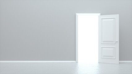 White open door. Frame on White Wall in the Empty Room. Interior Design Element. Design Template for Graphics. 3d render