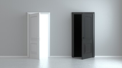 Open white and black entrance realistic door isolated on white background. Choice, business and success concept. 3d render