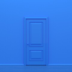 Blue closed door. Frame on Blue Wall in the Empty Room. Interior Design Element. Design Template for Graphics. 3d render