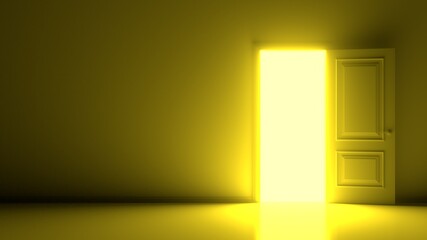 Yellow sunny light inside the open white door on warm background. Room interior design element. Modern minimal concept. Opportunity metaphor. Sunny room. 3D render