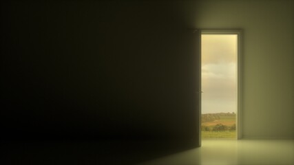 White door open to reveal a beautiful cloudy sky and field in a dark gray room. The concept of business, start-up, failure, adversity, difficulties. 3D rendering