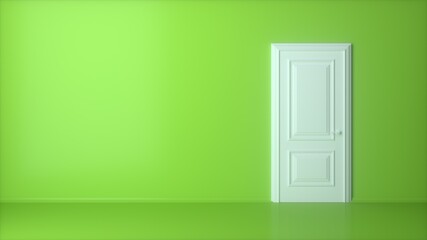 White closed door on green background. Frame on pink Wall in the Empty Room. Interior Design Element. Design Template for Graphics. 3d render