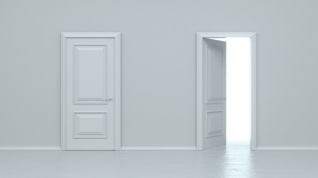 Open and closed white entrance realistic door isolated on white background. Choice, business and success concept. 3d render