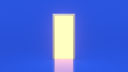Yellow light inside an open white door isolated on a blue background. Room interior design element. Modern minimalistic concept. Metaphor of possibilities. 3d render