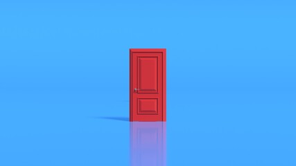 Closed red door on blue background. 3d render