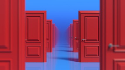 Rows of red wooden closed doors on a blue background. There are many ways to choose. Decision making concepts, different possibilities. Choice, business and success concept. Soft focus. 3d render