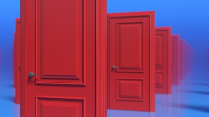 Rows of red wooden closed doors. 3d render