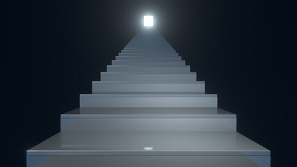 Staircase in a dark interior on a black background. Spiritual and career advancement, personal or business development. Bright light at the end of the road. Business growth, the path of progress