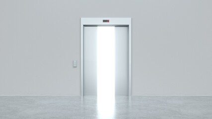 Naklejka premium Modern elevator with semi-open metal doors. Light shines from door opening. Decision making concepts, different possibilities. Choice, business and success concept. 3d render