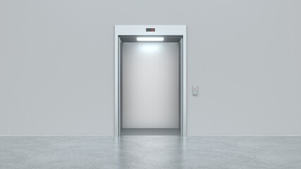 Modern elevator with open metal doors. Concept of business center or hotel lifting template. Mock up. 3d render