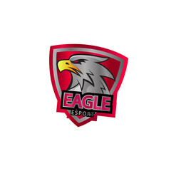eagle e sport logo design with shield 3d red and silver color style