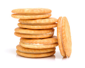  vanilla sandwich cookies on white background