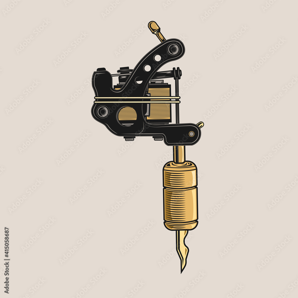 Wall mural Retro tattoo machine emblem design. Authentic instrument with needle and ink, artist tool, equipment vector illustration. Tattoo studio concept for symbols and emblems templates