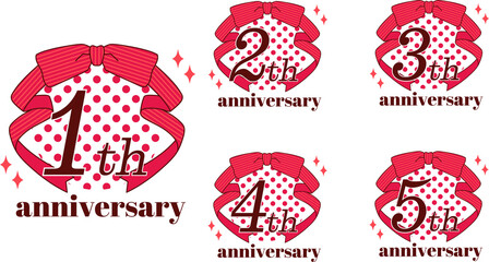 ポップでガーリーなアニバーサリーエンブレムロゴセット・1周年～5周年