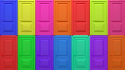 Colorful multi-colored doors. Colors of rainbow. The concept of multiple choice, different paths, identity. Isolated Doors. Set of entrance doors. Group of closed doors. 3d render