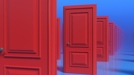 Rows of red wooden closed doors on a blue background. There are many ways to choose. Decision making concepts, different possibilities. Choice, business and success concept. Soft focus. 3d render