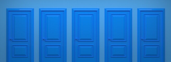 Five closed doors on a pastel blue background. Creative minimal style design. 3d rendering