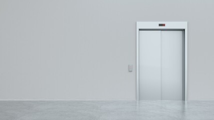 Blank silver closed elevator in office floor interior mock up, front view. Modern lift with closed metal doors. Business center or hotel lifting template. Success and possibilities concept. 3d render