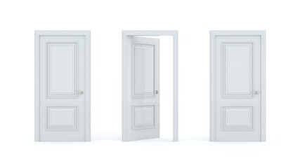 A set of white wooden doors at different stages of opening. 3 stages. Collection of doors. Entrance and doorways. Closed and open way. Choice, business and success concept. 3d render