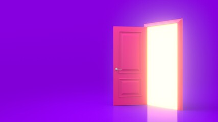 Yellow light inside an open pink door isolated on a purple background. Room interior design element. Light shines from door opening in dark room. Metaphor of possibilities. 3d render
