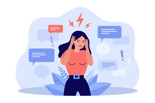 Sad woman covering ears with hands to stop disinformation isolated flat vector illustration. Cartoon character having headache from noise. Fake news, hoax and social advertising noise concept